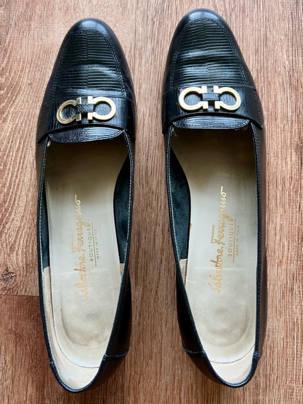 Salvatore Ferragamo Black Leather Loafers with Gold Gancini